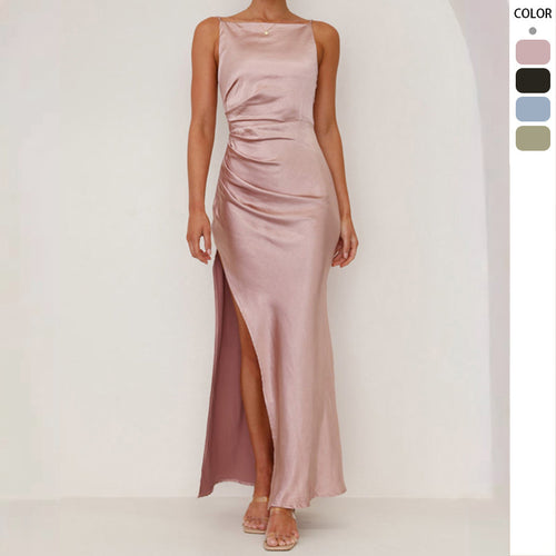 Robe maxi en satin élégante pour femmes avec encolure chic froncée et fente sur le côté Levoire