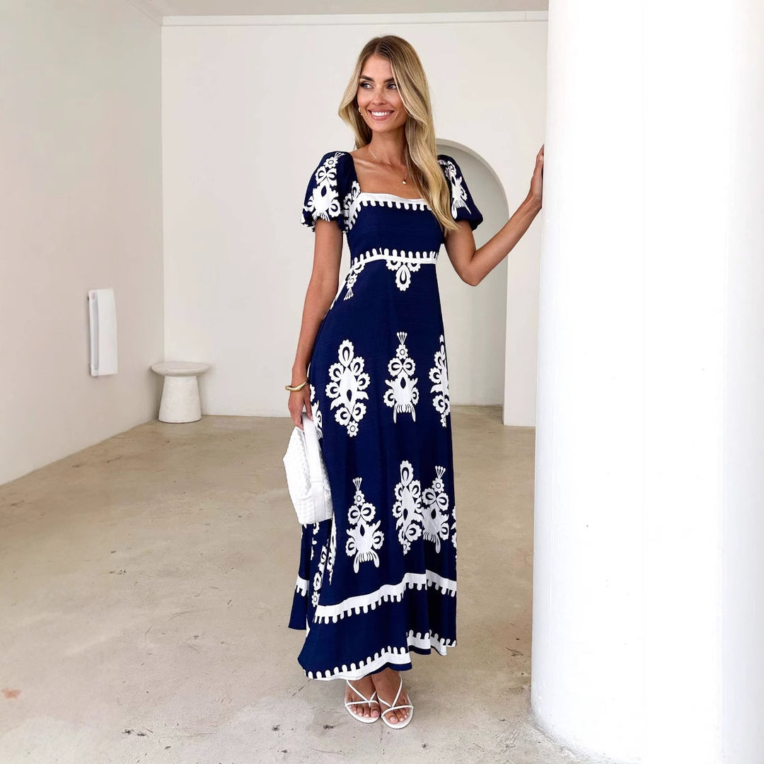 Robe maxi femme avec motif graphique décoratif et manches bouffantes Levoire