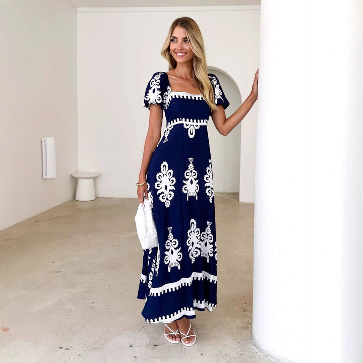 Robe maxi femme avec motif graphique décoratif et manches bouffantes Levoire