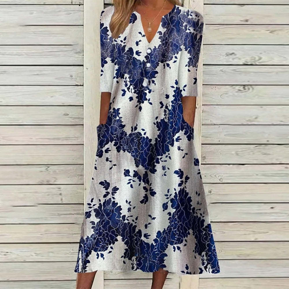 Levoire | Trendikampi Impression Bouton Trois-Quarts Manches Robe Gris Bleu
