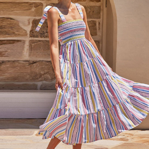 Robe maxi aérienne pour femme avec haut élastique et volants rayés Levoire