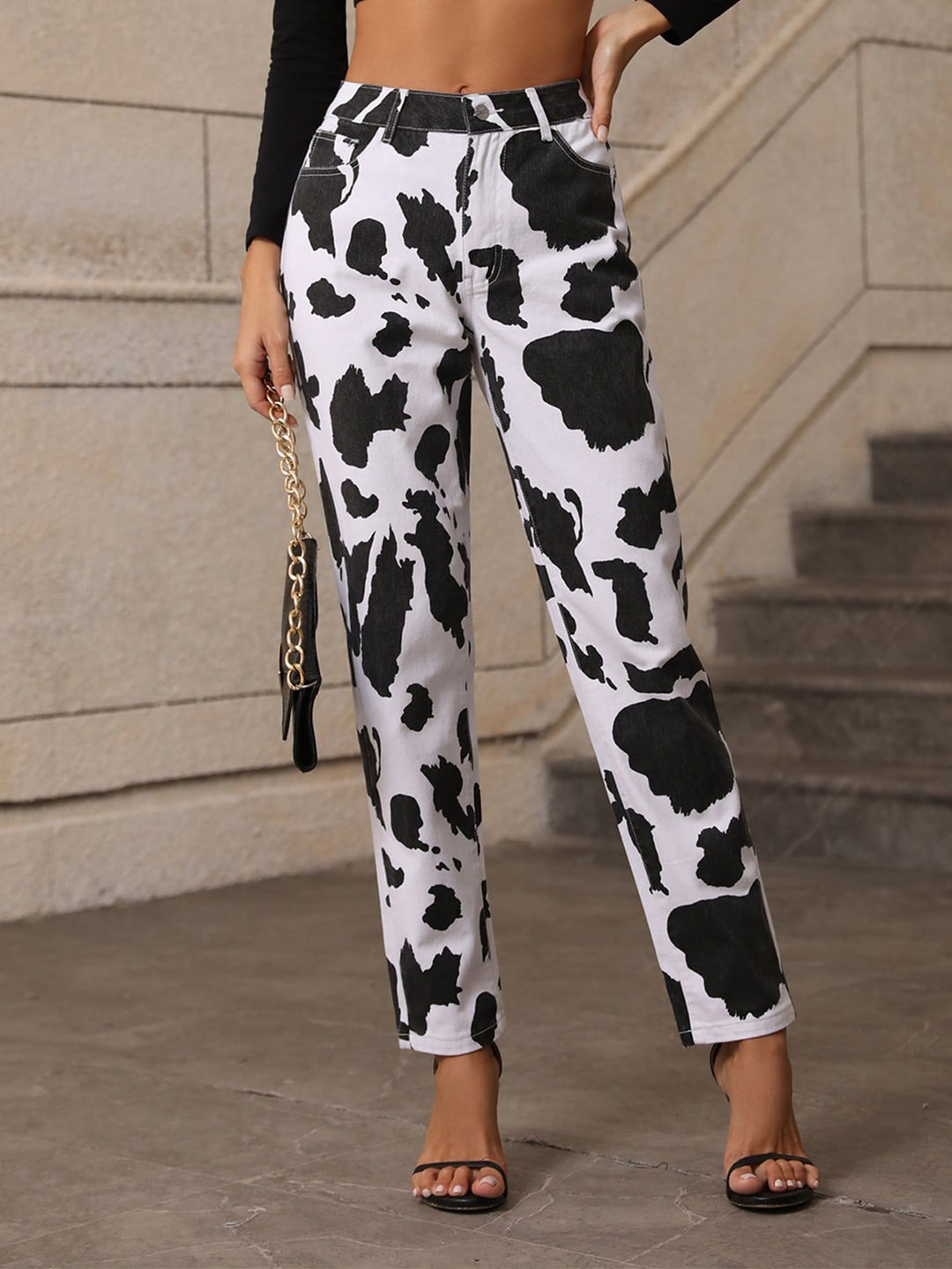 Jeans décontractés pour femmes avec un motif de taches de vache frappant Levoire