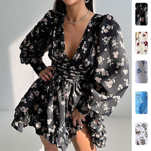 Robe à fleurs ludique pour femmes avec des manches volumineuses et une jupe froncée Levoire