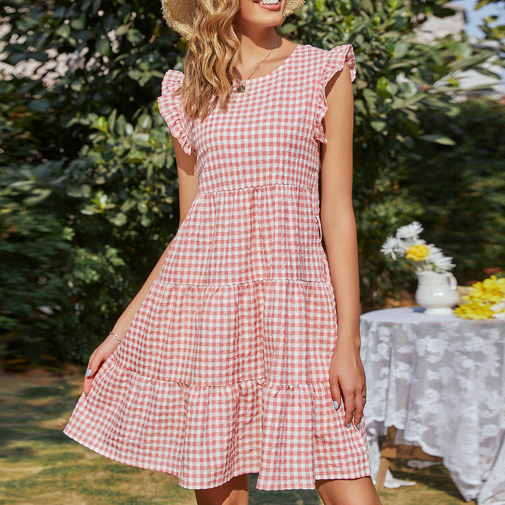 Robe à carreaux sans manches pour femmes avec jupe évasée Levoire