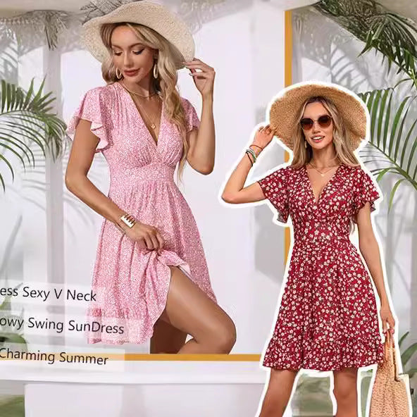 Robe femme à col V avec jupe fluide et détails volantés Levoire