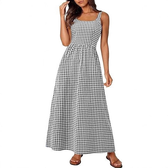 Robe maxi femme à motif à carreaux classique avec bretelles réglables et taille élastique Levoire