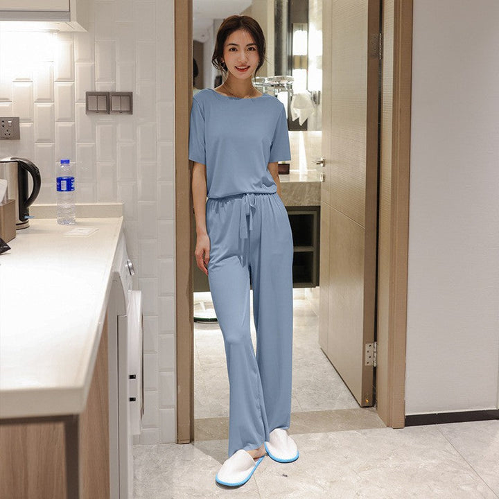 Levoire | Ensemble De Pyjama Deux Pièces Avec T-Shirt À Col Rond Et Pantalon Large En Soie De Glace Bleu Une taille convient à tous