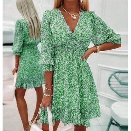 Levoire | Chic Taille accentuée Imprimé Robe évasée à manches courtes Vert