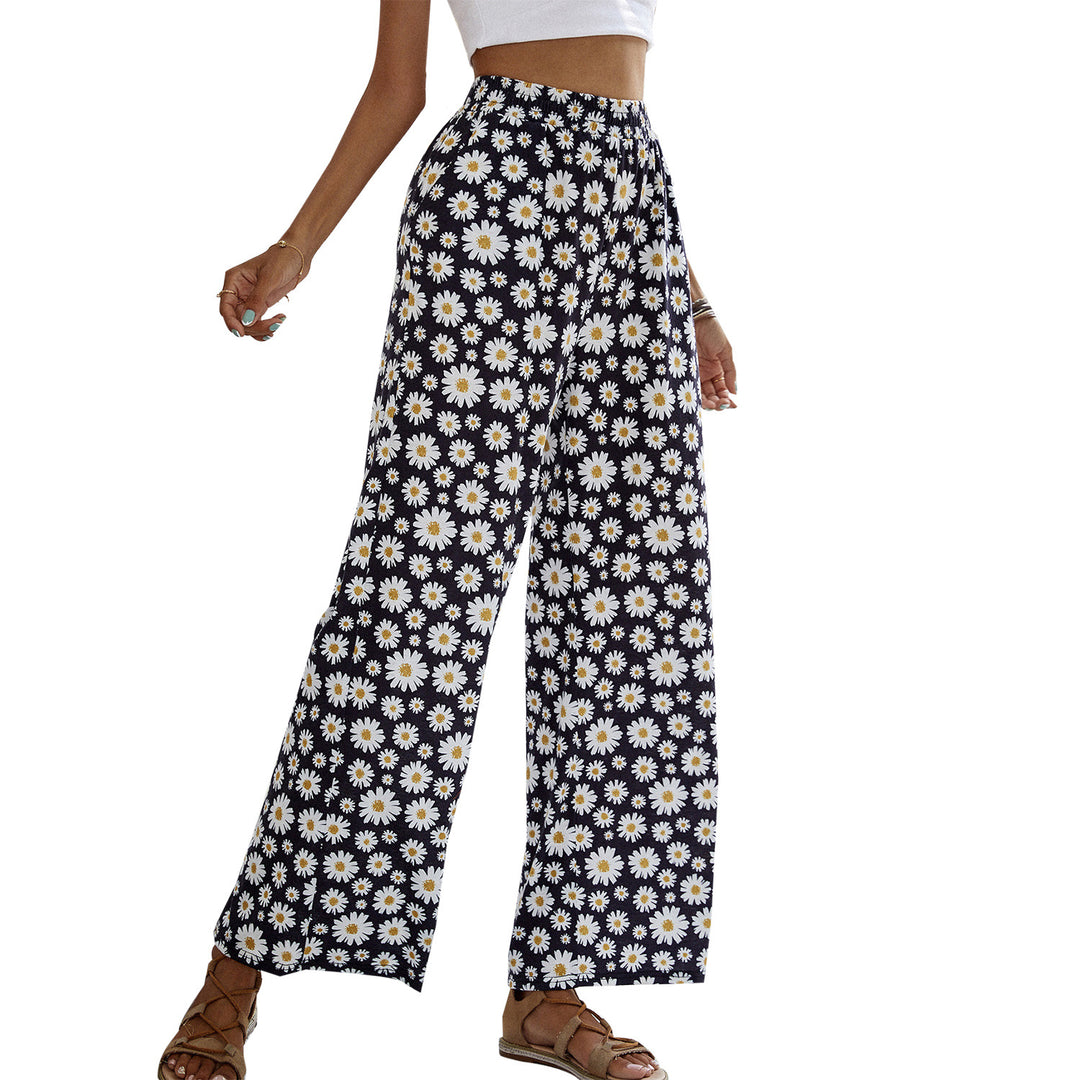 Pantalons larges d'été pour femmes avec motif floral et taille élastique Levoire