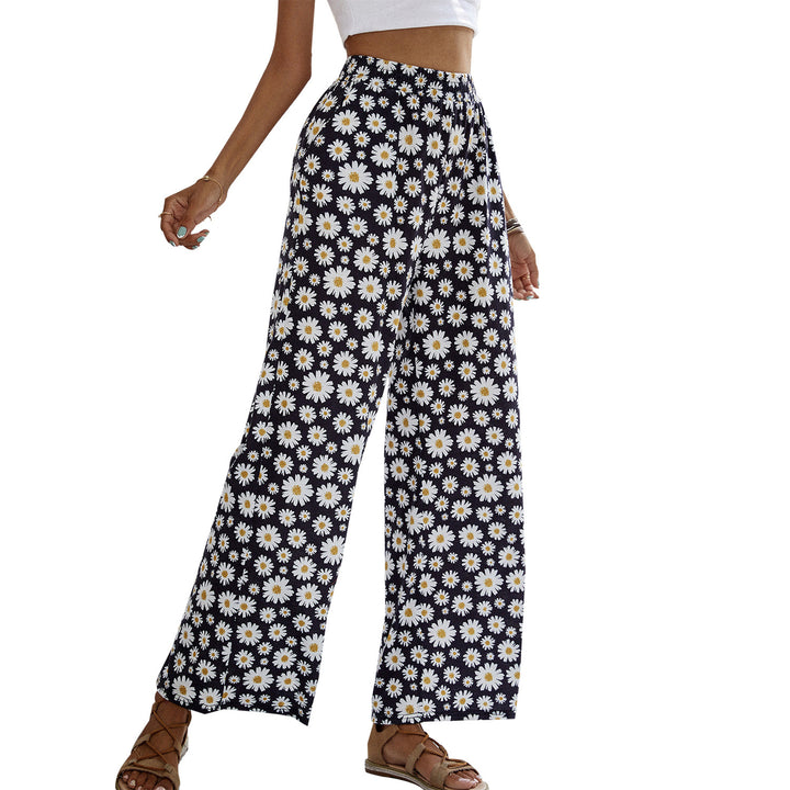Pantalons larges d'été pour femmes avec motif floral et taille élastique Levoire