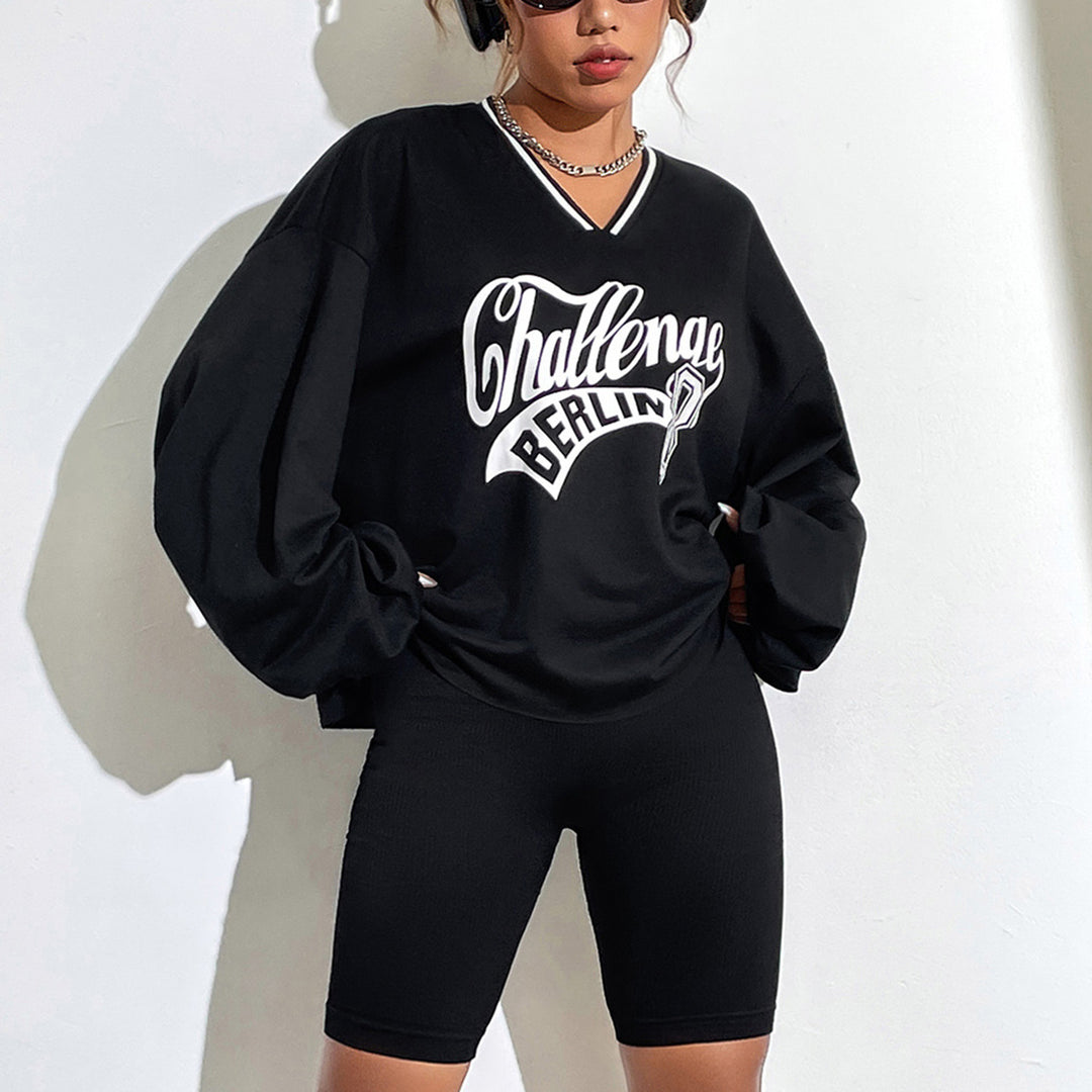 Sweat-shirt décontracté oversize pour femmes avec décolleté en V et imprimé graphique Levoire