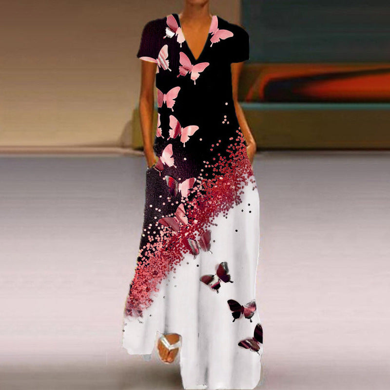 Levoire | Robe à encolure en V à manches courtes avec imprimé papillon élégant Rouge vin