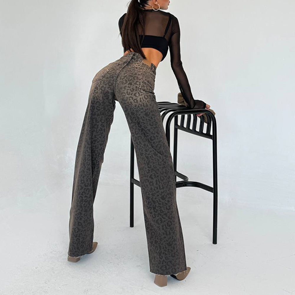 Jeans large taille haute imprimé léopard pour femmes Levoire