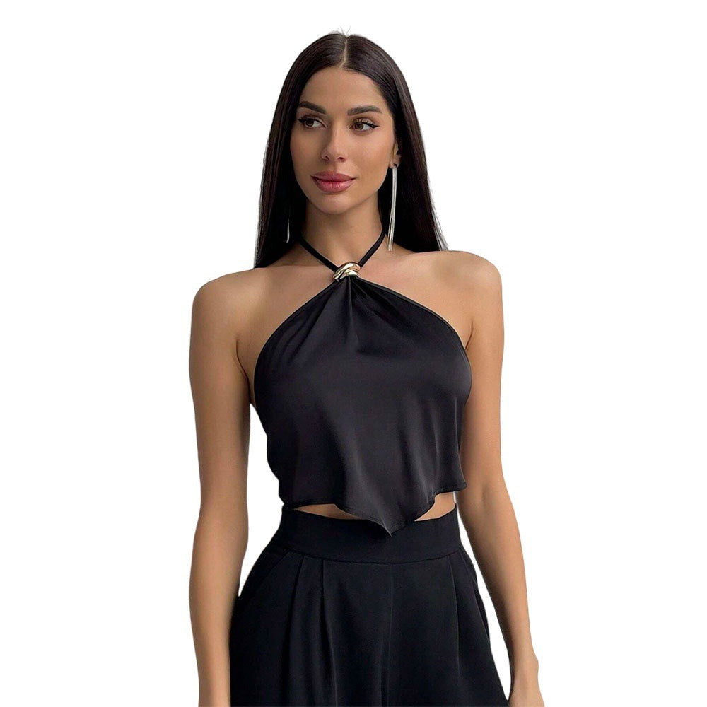 Haut élégant à encolure halter pour femmes avec tissu brillant et nœud décoratif Levoire