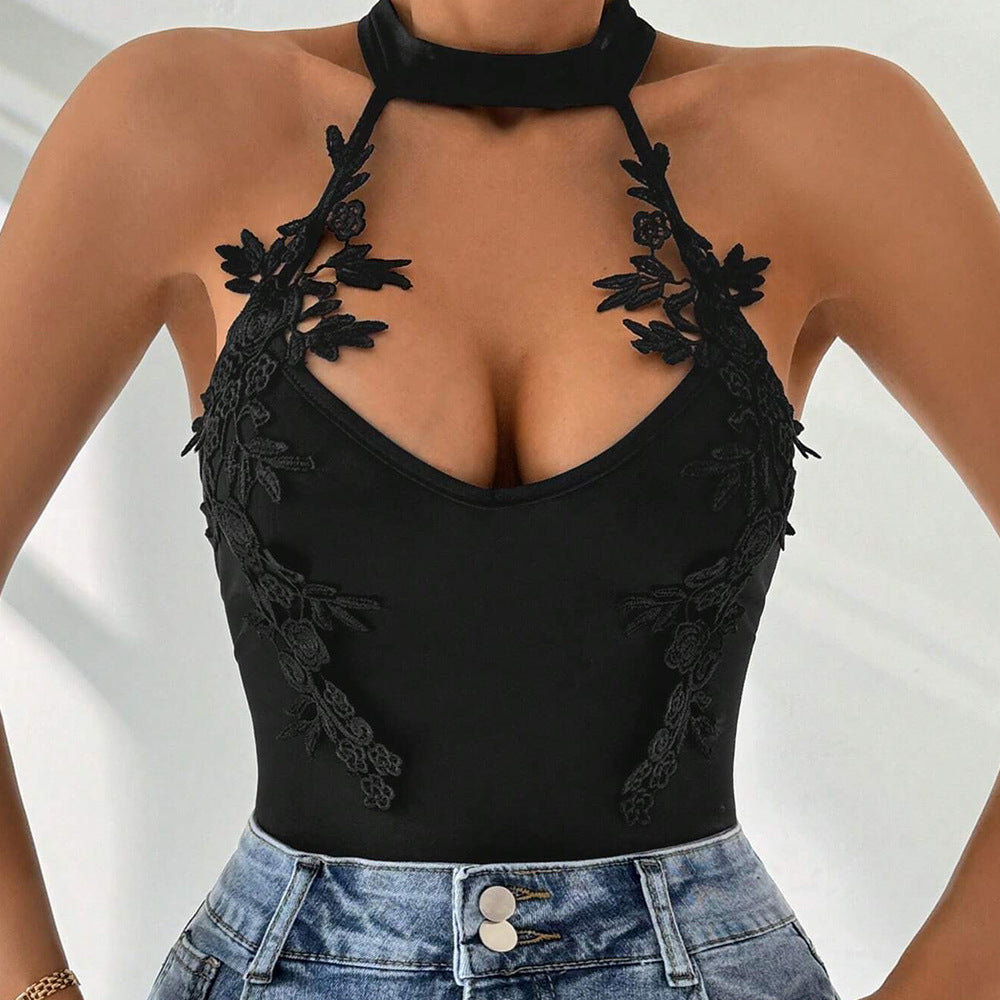Body-halter pour femme avec accents en dentelle florale et décolleté en V profond Levoire