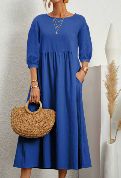 Levoire | Chic Robe Ample Unie à Manches Bouffantes Bleu