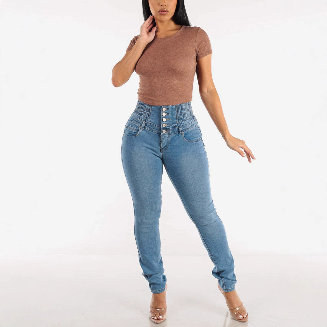 Jeans taille haute pour femmes avec ceinture élastique et fermeture à bouton décoratif Levoire