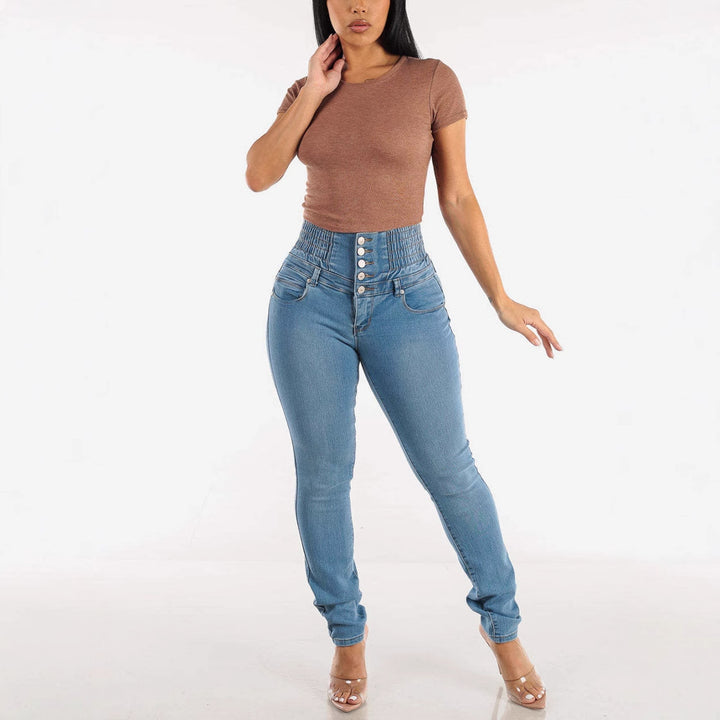 Jeans taille haute pour femmes avec ceinture élastique et fermeture à bouton décoratif Levoire