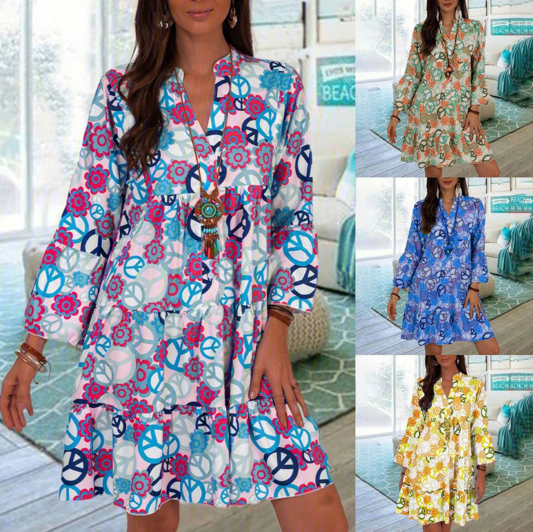 Levoire | Robe à fleurs élégante avec col montant et trois-quarts de manches
