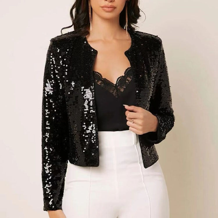 Levoire | Élégante Veste de Printemps Courte Casual Grosses paillettes noires