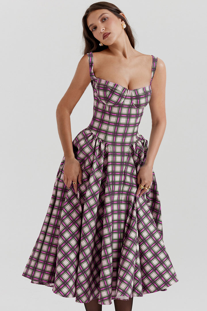 Robe midi décontractée pour femme avec un design à carreaux et décolleté profond Levoire