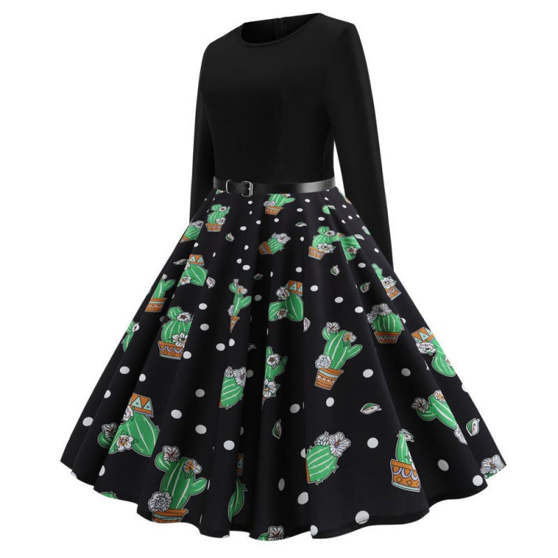 Robe swing pour femmes avec design floral de cactus et jupe évasée Levoire