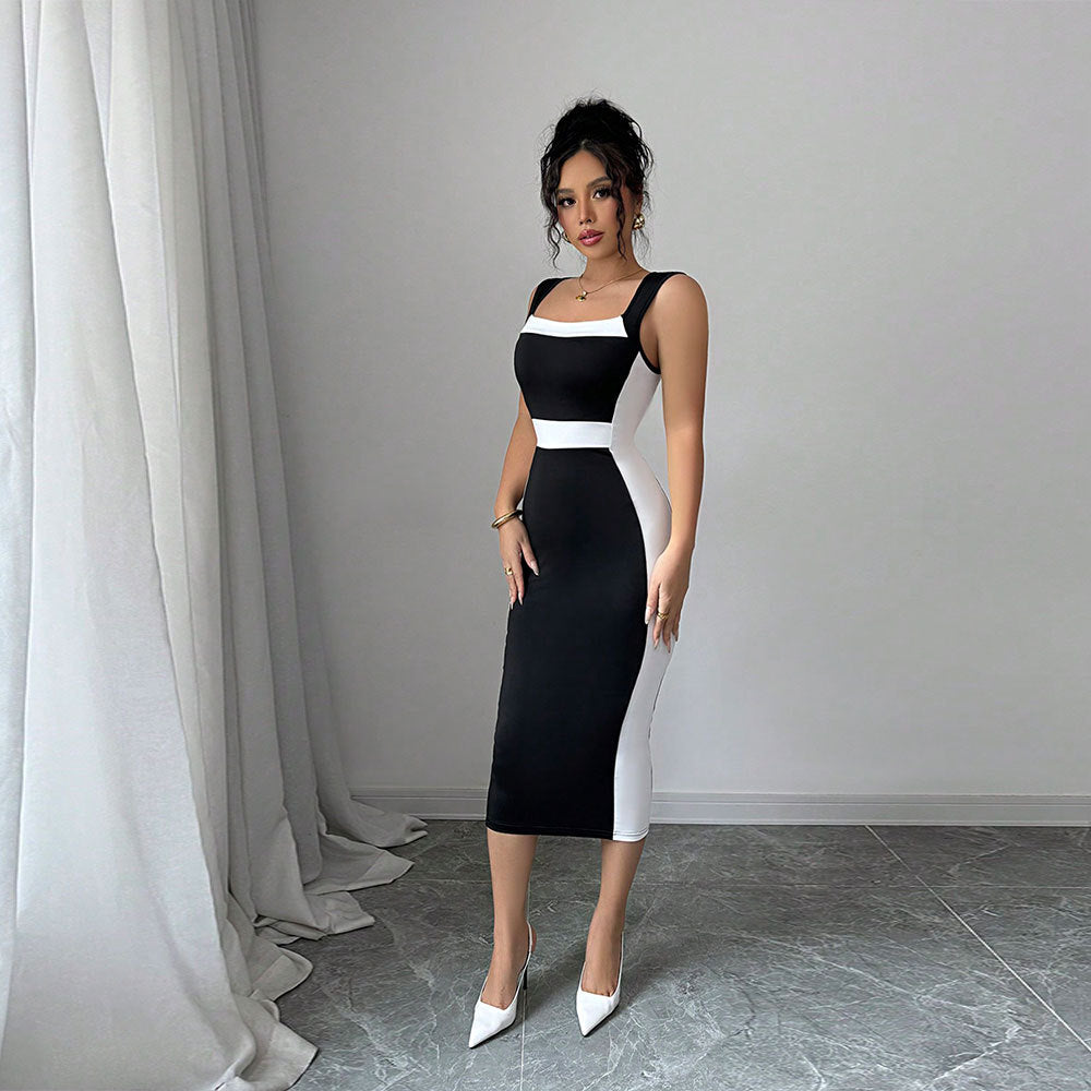 Robe midi ajustée pour femmes avec une coupe contrastée à la mode et des bretelles fines Levoire
