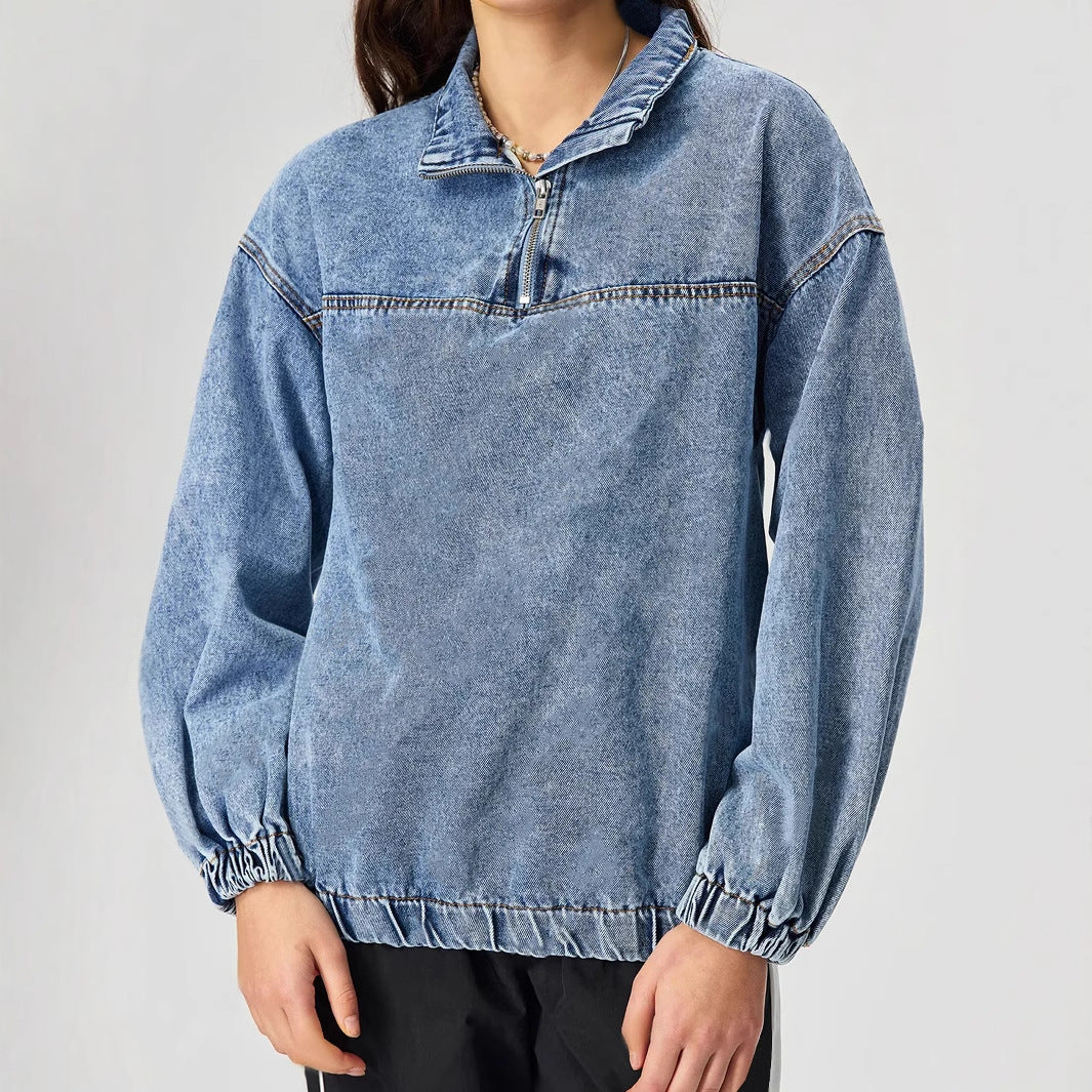 Pull en denim pour femmes, ample, avec col montant et fermeture éclair Levoire