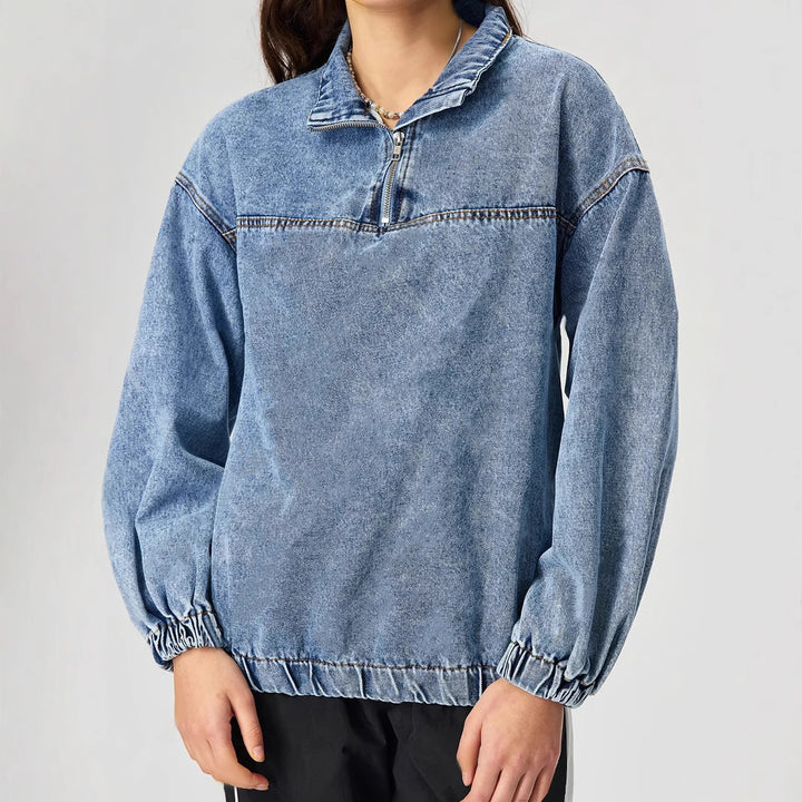 Pull en denim pour femmes, ample, avec col montant et fermeture éclair Levoire