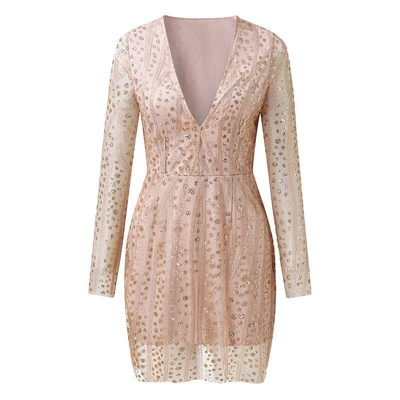Levoire | Brillant Manches Longues Jupe Courte Robe Or