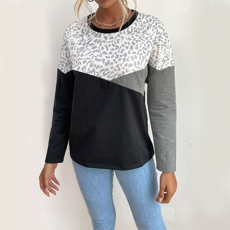 Chemise longue à manches longues pour femmes avec impression léopard créative et rayures en blocs Levoire