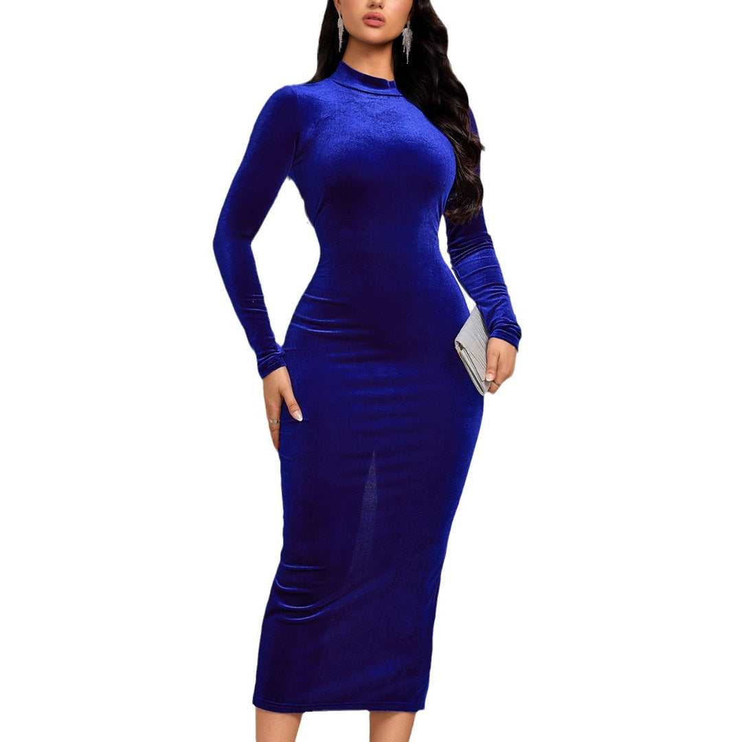Robe Midi en Velours Femme avec Col Montant Élégant et Manches Longues Levoire
