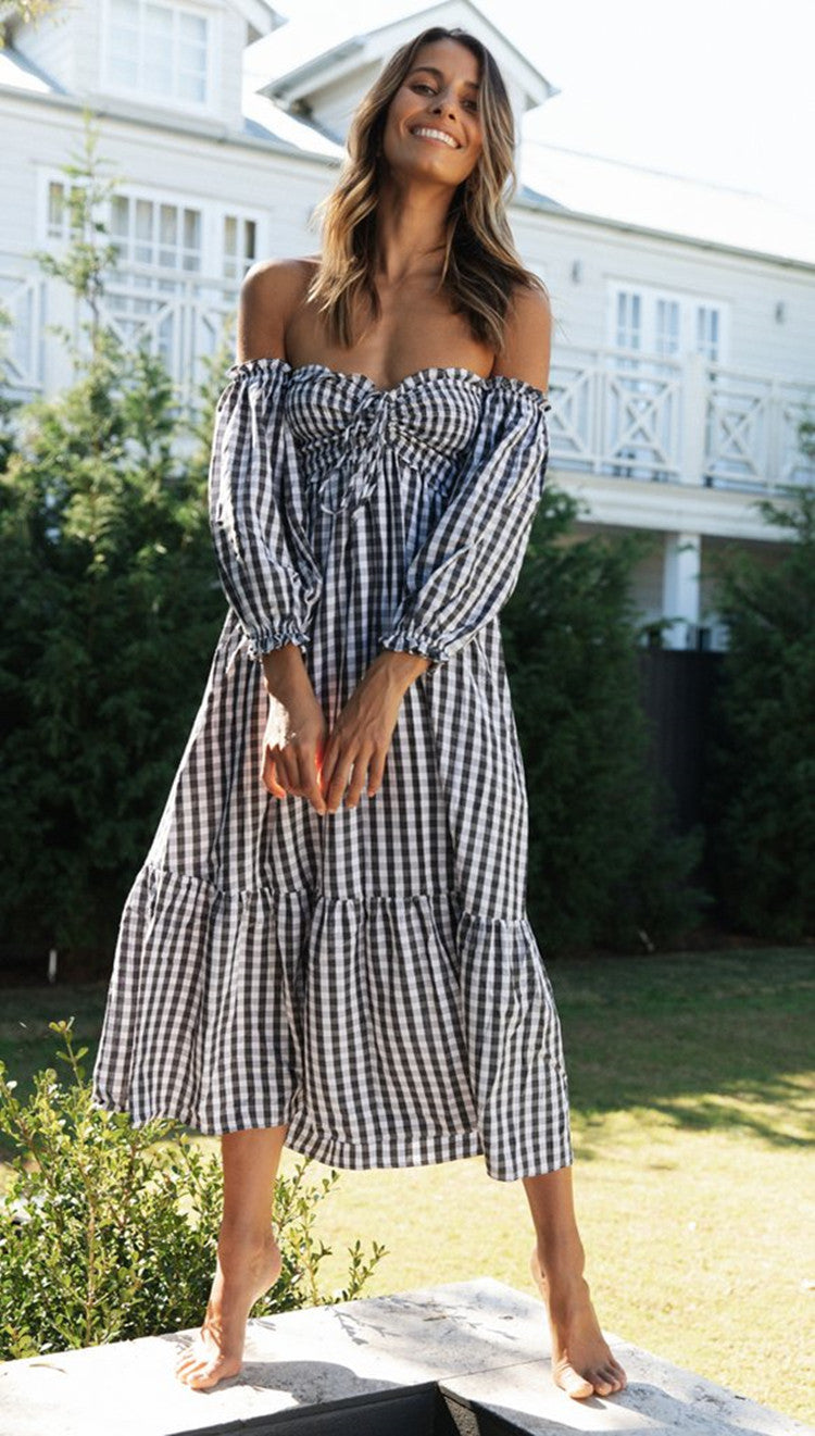 Robe Midi Femme avec Manches Bouffantes et Motif Carreaux Levoire