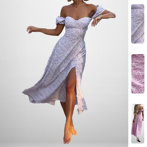 Robe maxi femme à épaules dénudées avec imprimé floral romantique et fente sur le côté Levoire