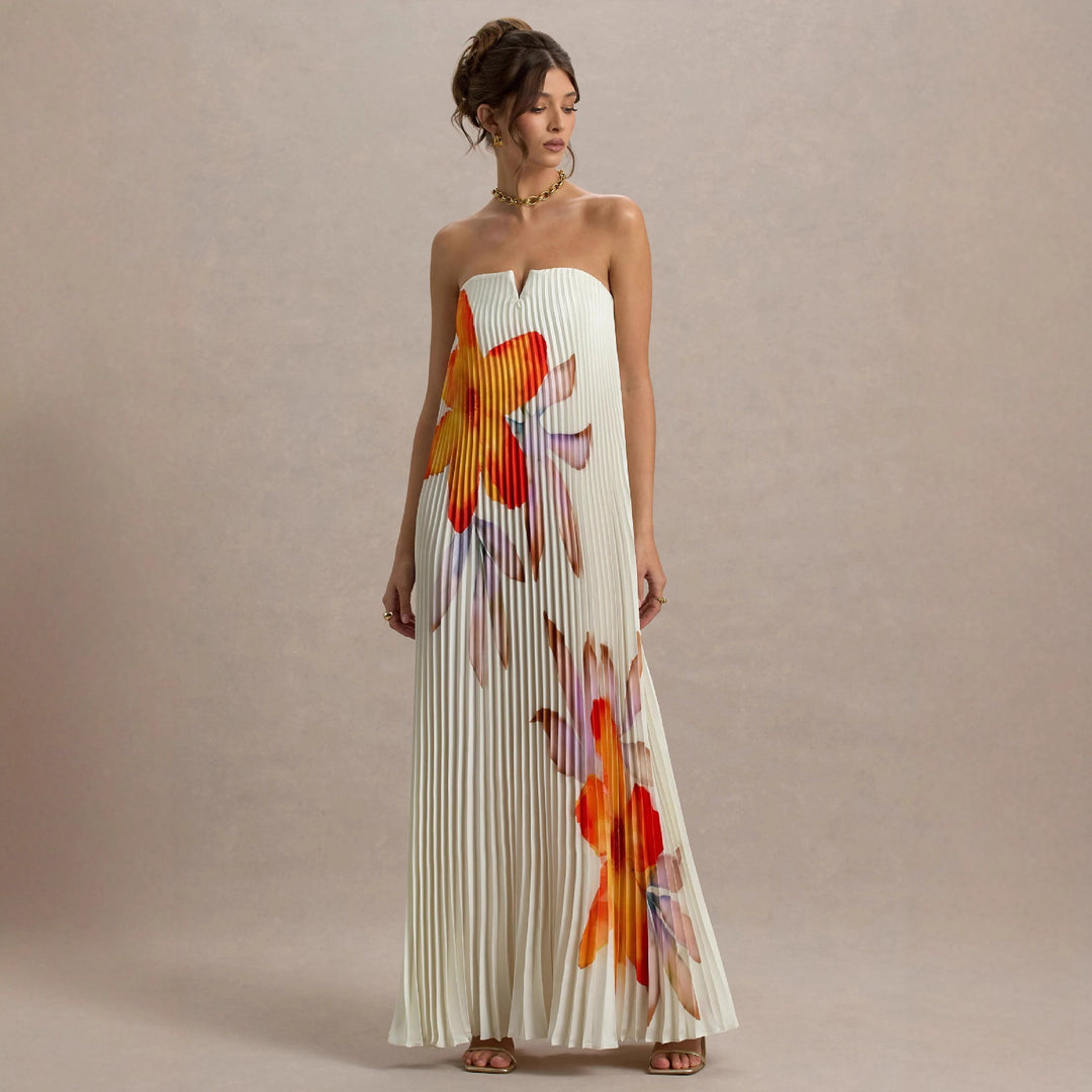 Robes élégante plissée pour femmes avec design floral et encolure sans bretelles Levoire