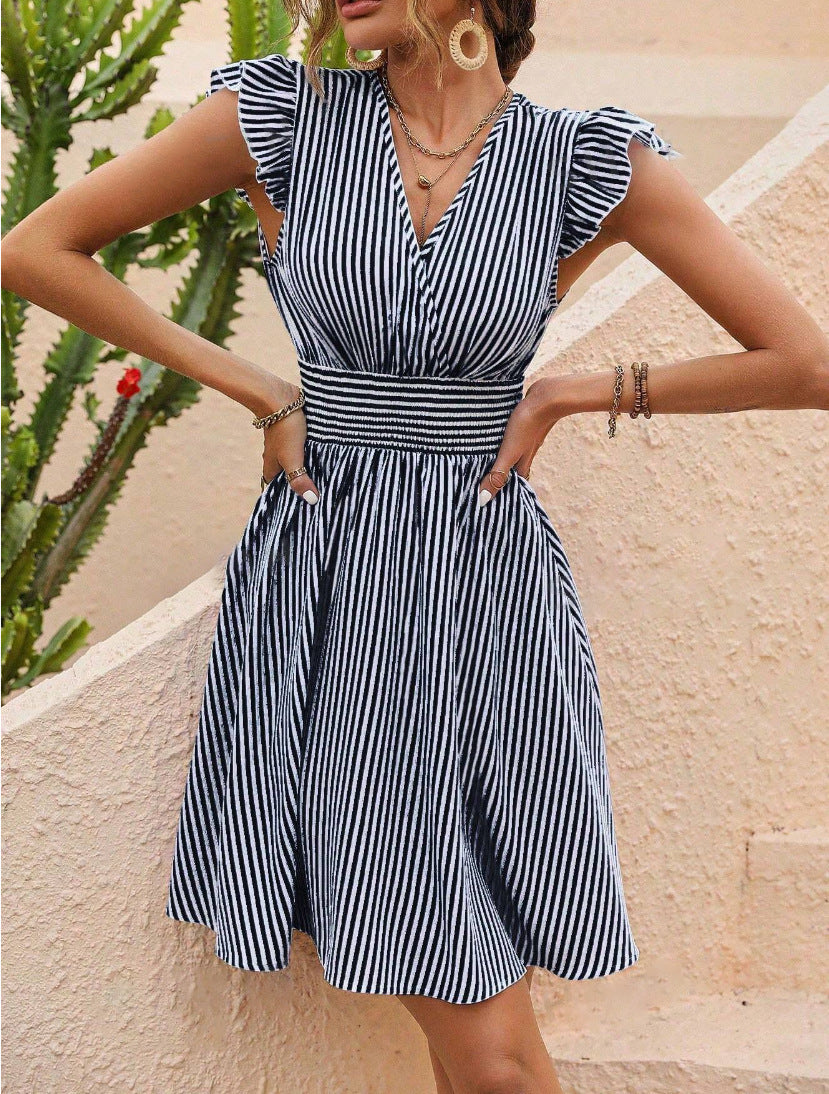 Levoire | Robe D'Été Midi Chic Rayée Noir