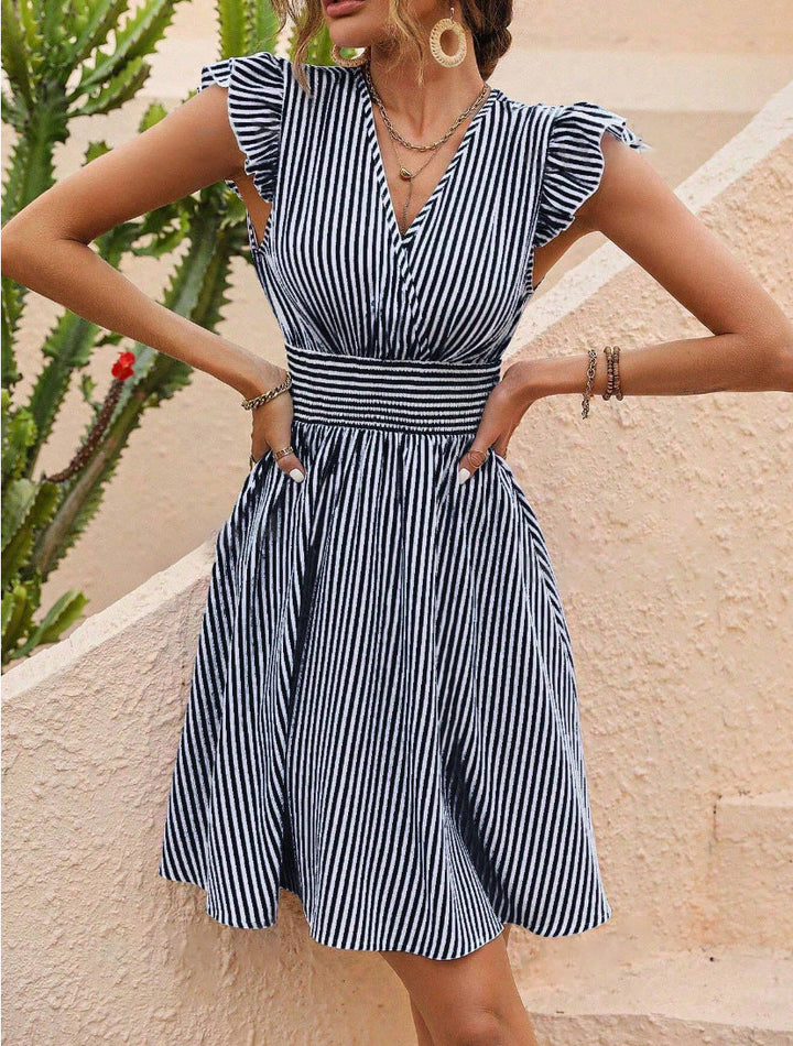 Levoire | Robe D'Été Midi Chic Rayée Noir