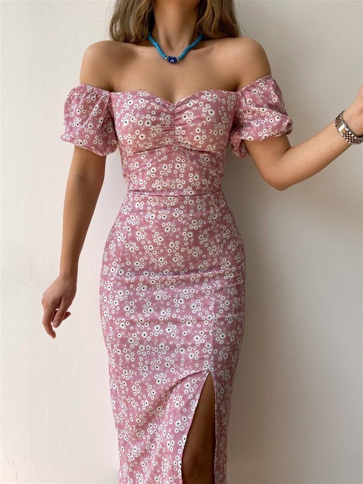 Robe maxi ajustée pour femmes avec manches bouffantes et design floral Levoire