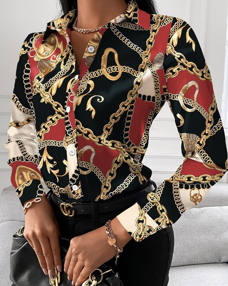 Levoire | Élégante chemise à manches longues imprimée printemps-automne Collier rouge