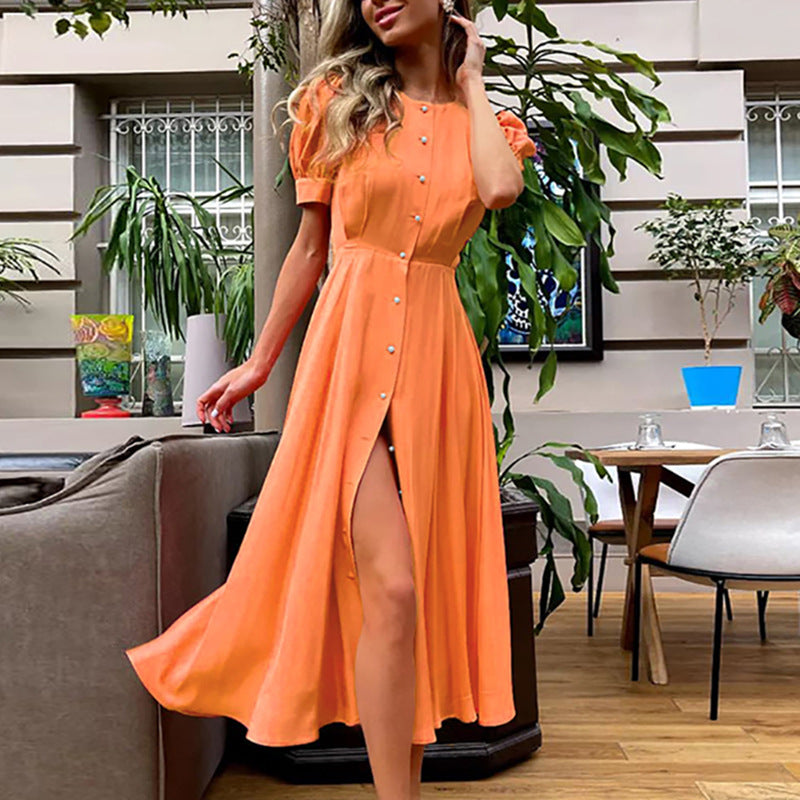 Robe maxi femme avec encolure boutonnée et fente latérale Levoire