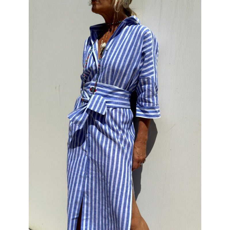 Levoire | Robe chemise courte à col pour l'automne Rayures bleues
