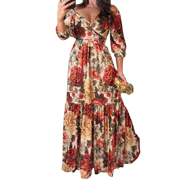 Robe maxi florale pour femmes avec design décolleté et ourlet à volants Levoire