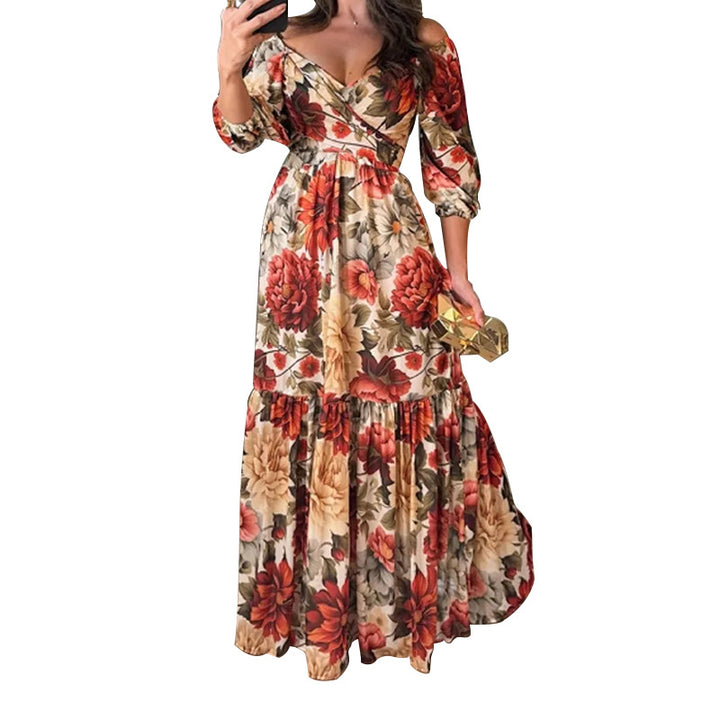 Robe maxi florale pour femmes avec design décolleté et ourlet à volants Levoire