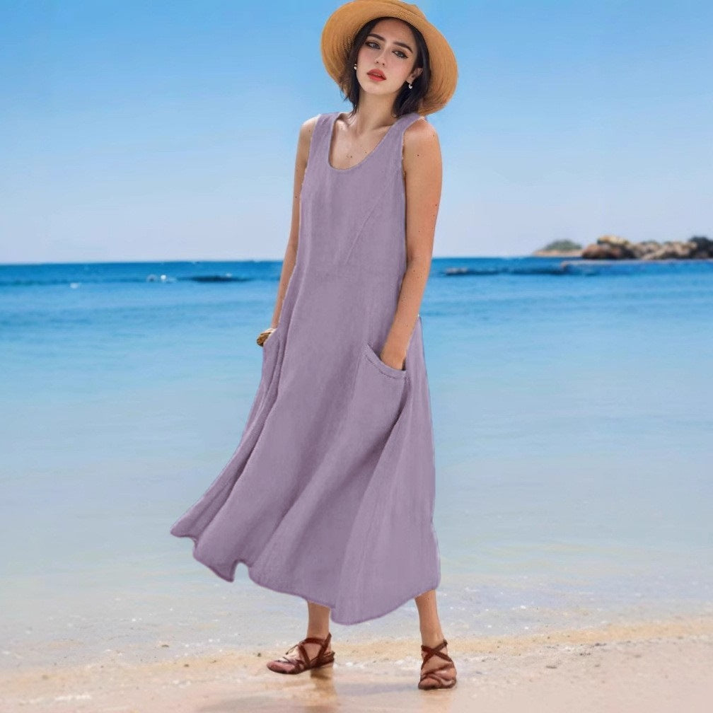 Levoire | Robe en lin Sac d'été Sans manches Col rond Robe Lila