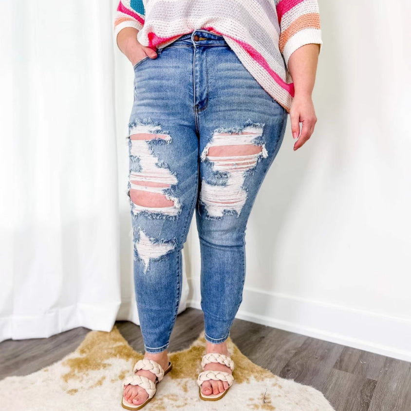 Jeans détruits taille haute pour femmes style boyfriend Levoire