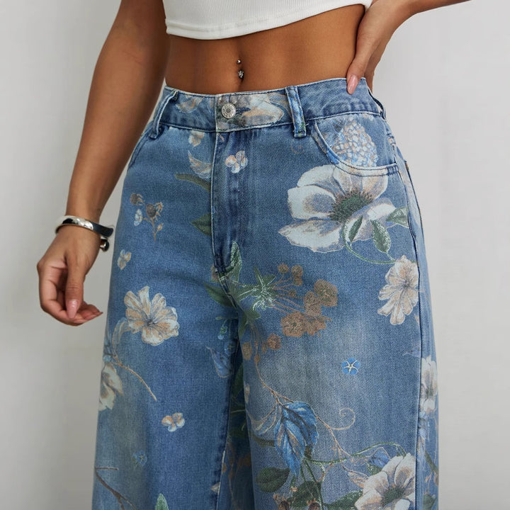 Jeans larges pour femmes avec design floral et taille haute Levoire