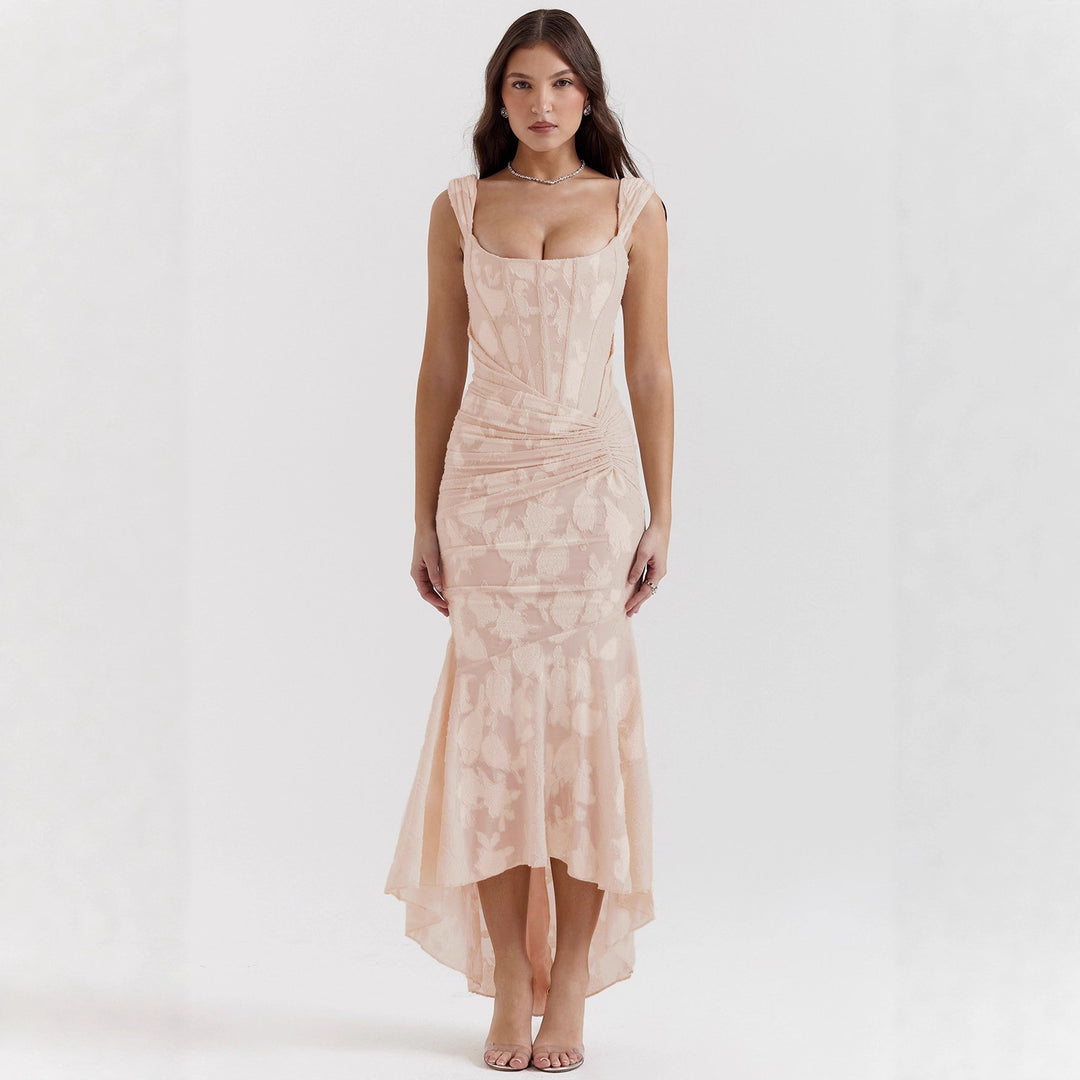 Robe Maxi Bateau Élegante pour Femmes avec Texture Florale et Ourlet Asymétrique Levoire