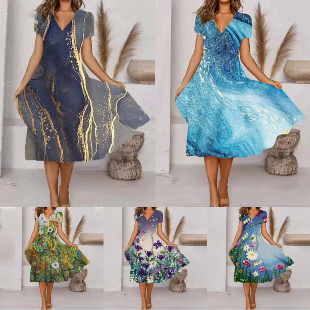 Levoire | Chic Imprimé Élégant Robe à Col en V à Manches Courtes