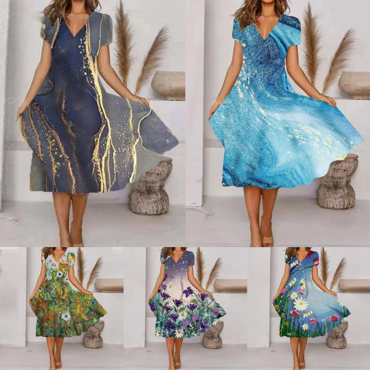 Levoire | Chic Imprimé Élégant Robe à Col en V à Manches Courtes