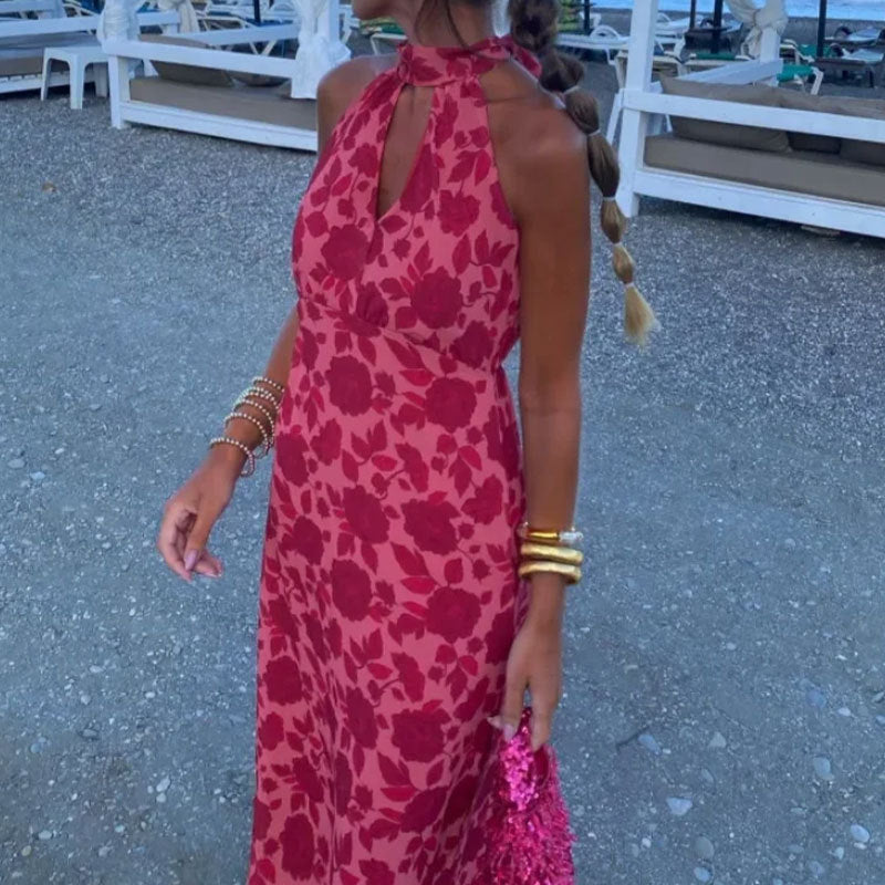 Robe maxi femme avec chiffon floral et col élégant Levoire
